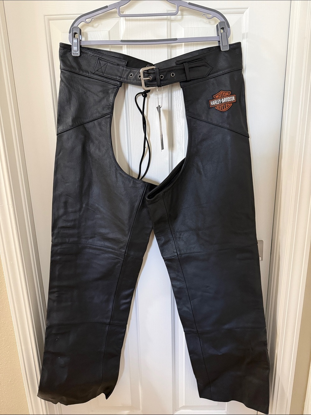 Harley-Davidson Black Leather Motorcycle Chaps with Orange Logo